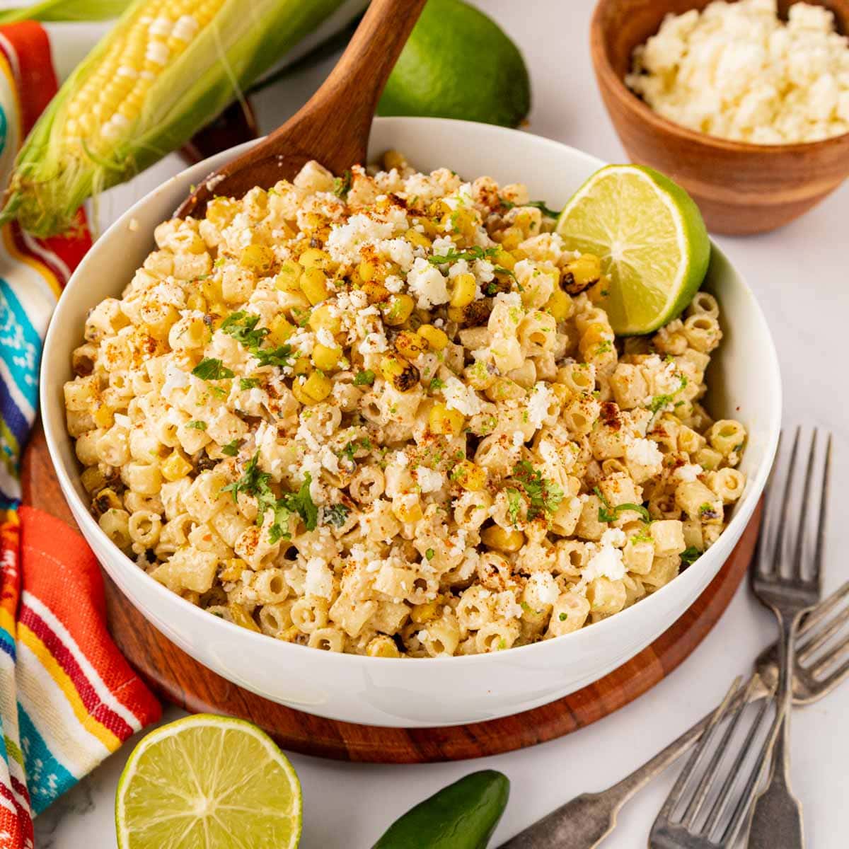 Mexican Street Corn pasta salad in a white bowl.