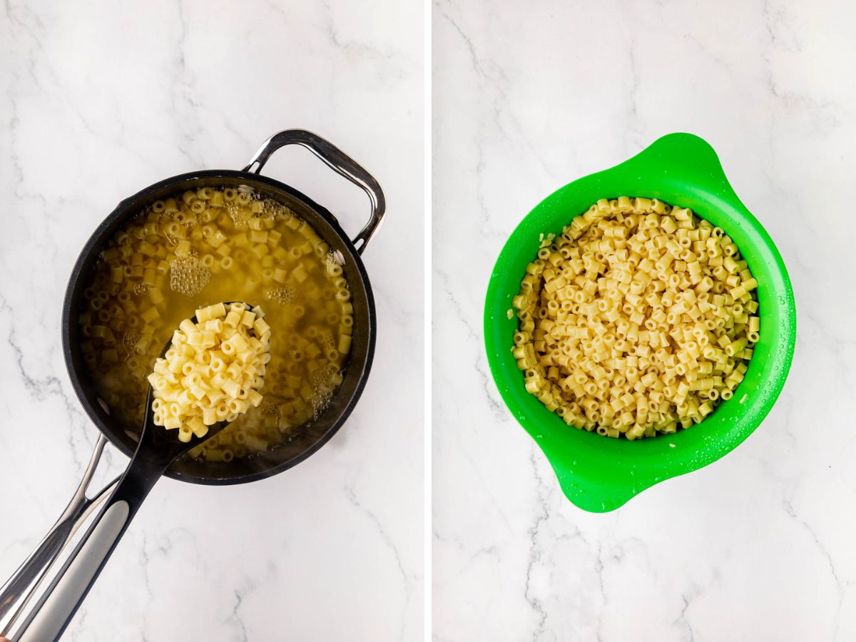 A side-by-side image of cooked pasta in a pot and then moved to a colander to drain.