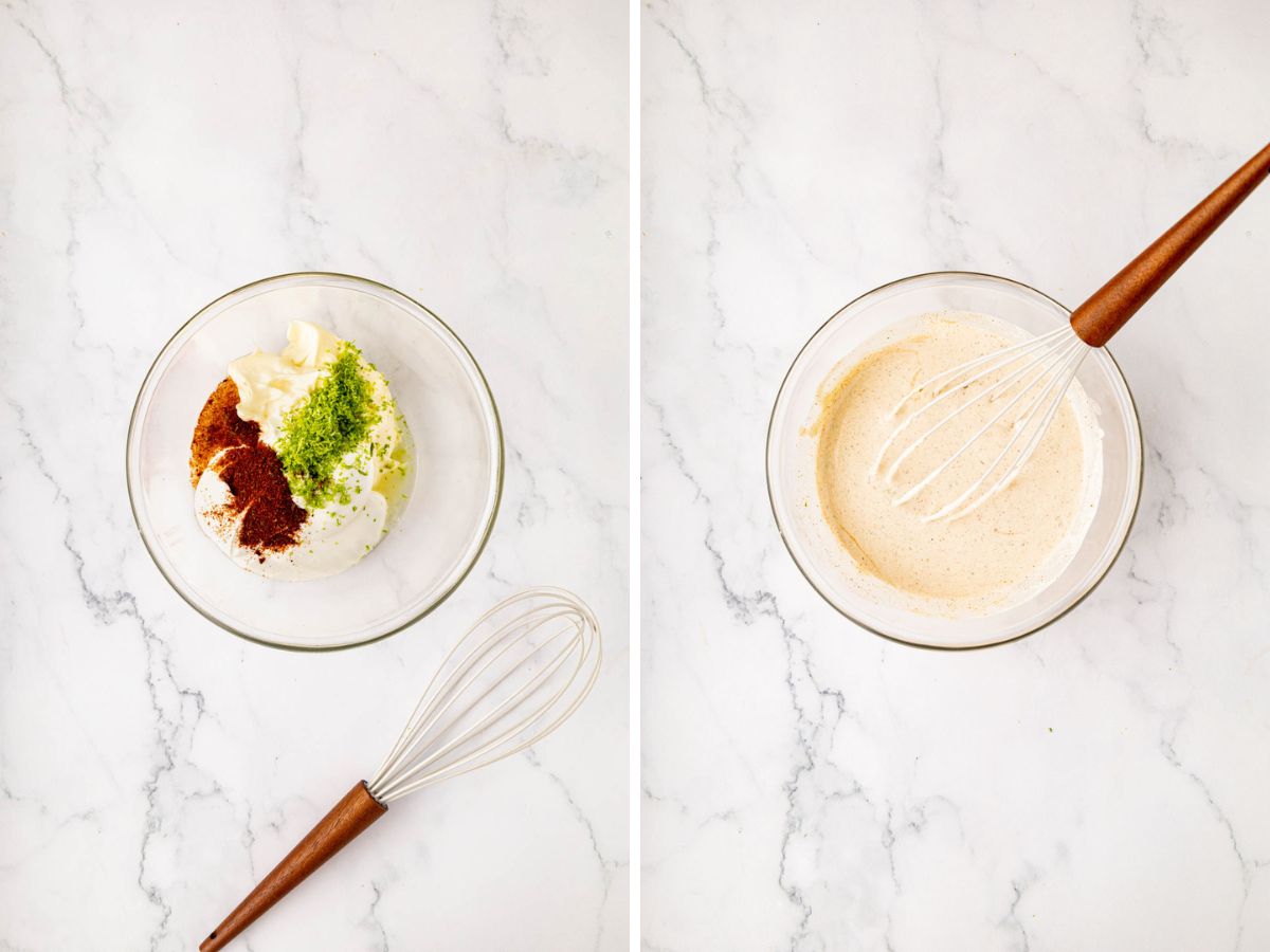 Creamy elote dressing ingredients mix in a bowl