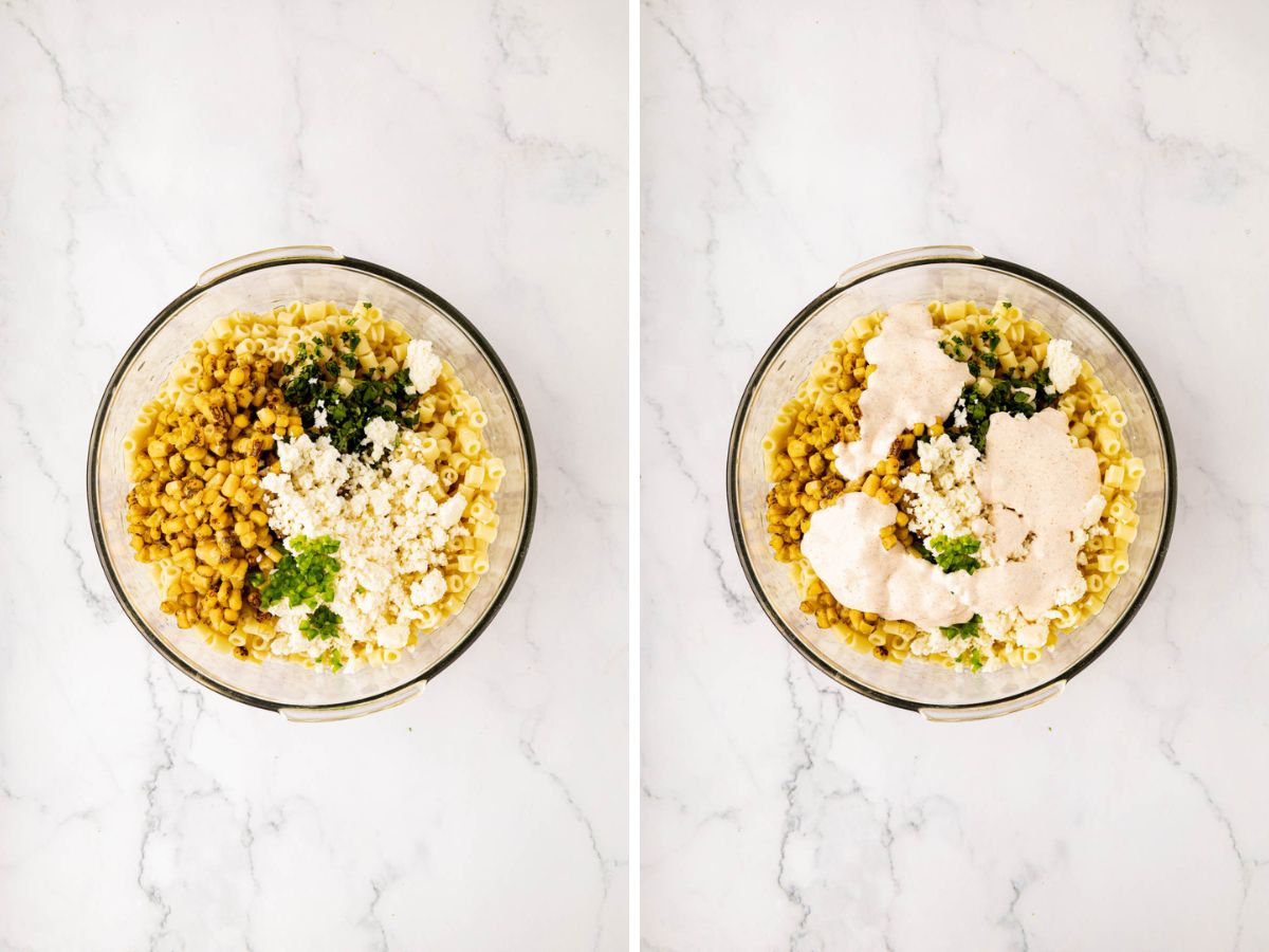 Street corn pasta ingredients added with dressing poured on top