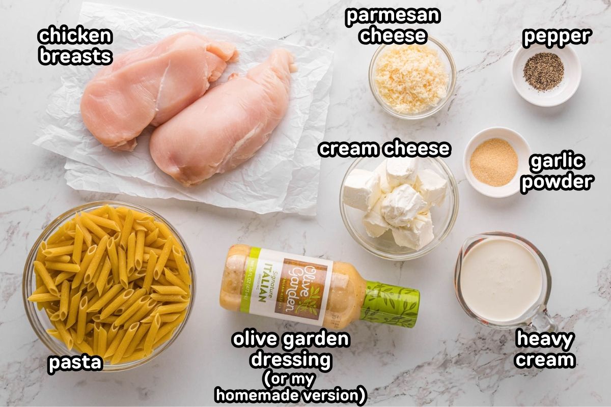 A labeled image of ingredients needed to make Olive Garden Italian chicken pasta in the slow cooker.