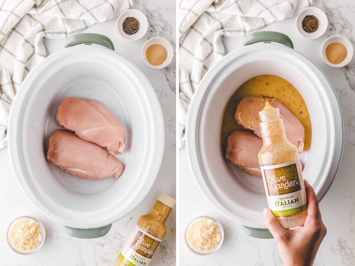 Chicken breast added to the slow cooker and pouring Italian dressing on.