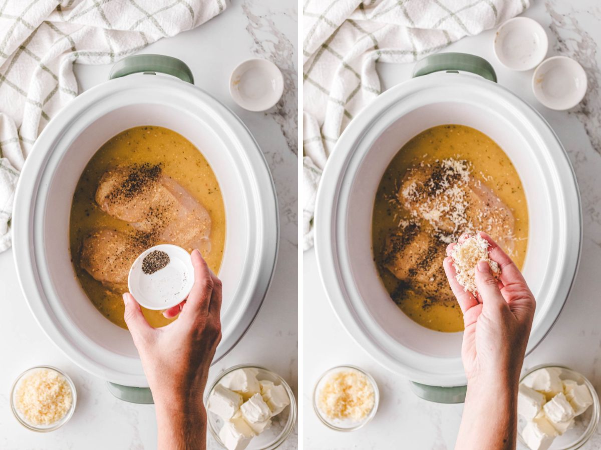 Adding spices and cheese to slow cooker.