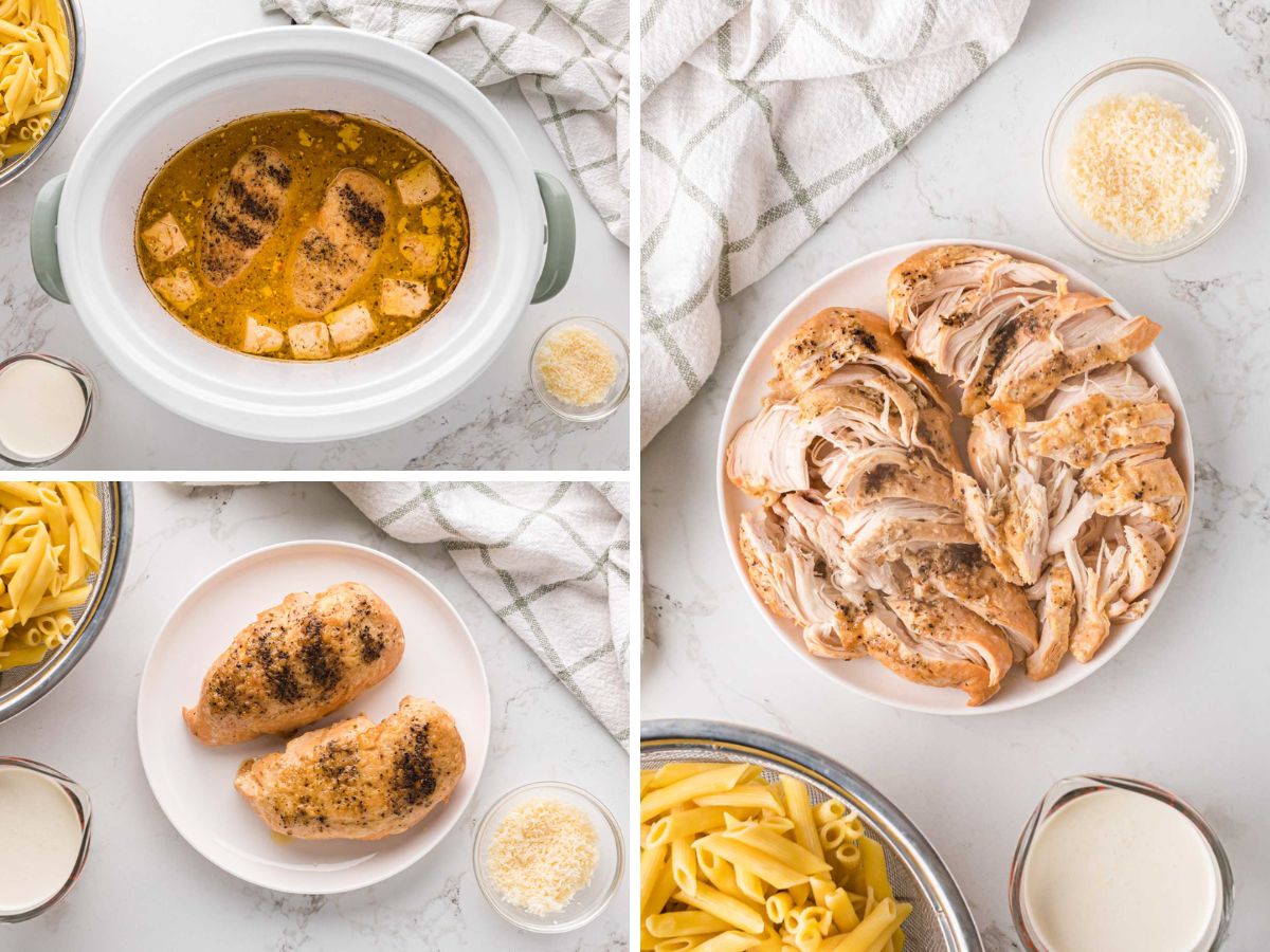 A collage image showing cooked chicken breast in the slow cooker and it be removed to a plate and shredded into chunks.