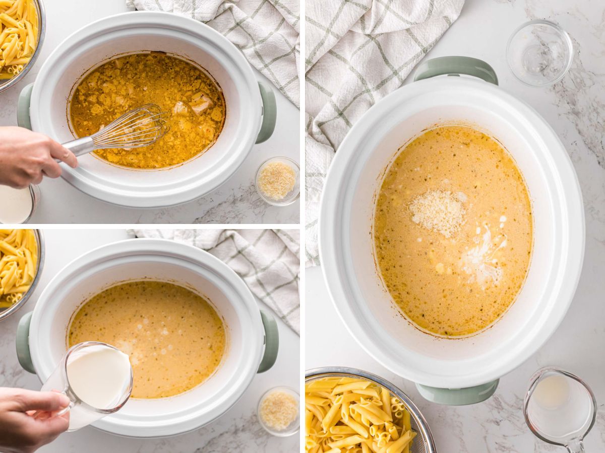A collage image showing making the sauce in the slow cooker by whiskey, thick cream cheese, and adding more cream and Parmesan cheese.