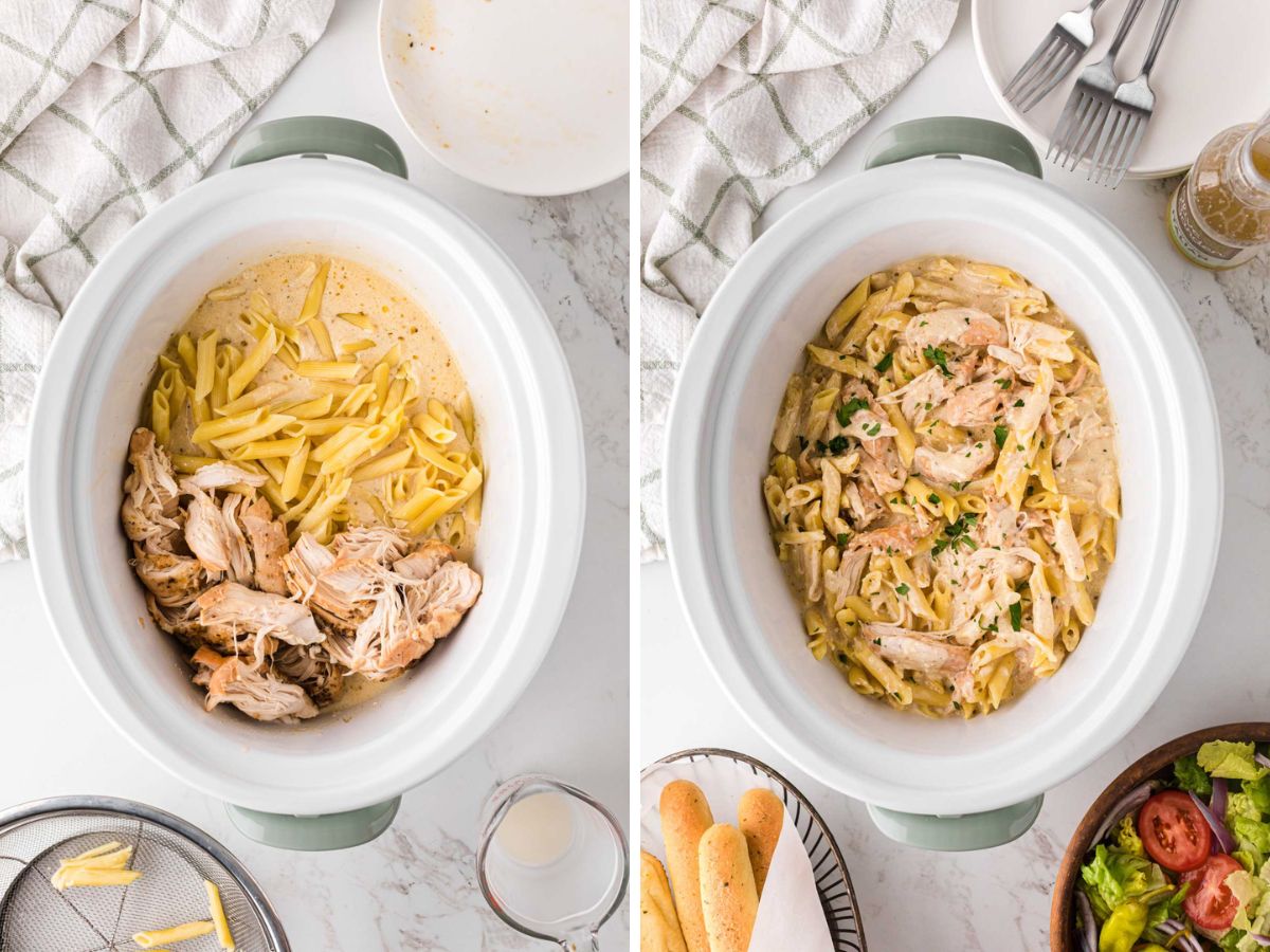 A collage image, showing pasta and chicken, added to the slow cooker and then being mixed to combine.