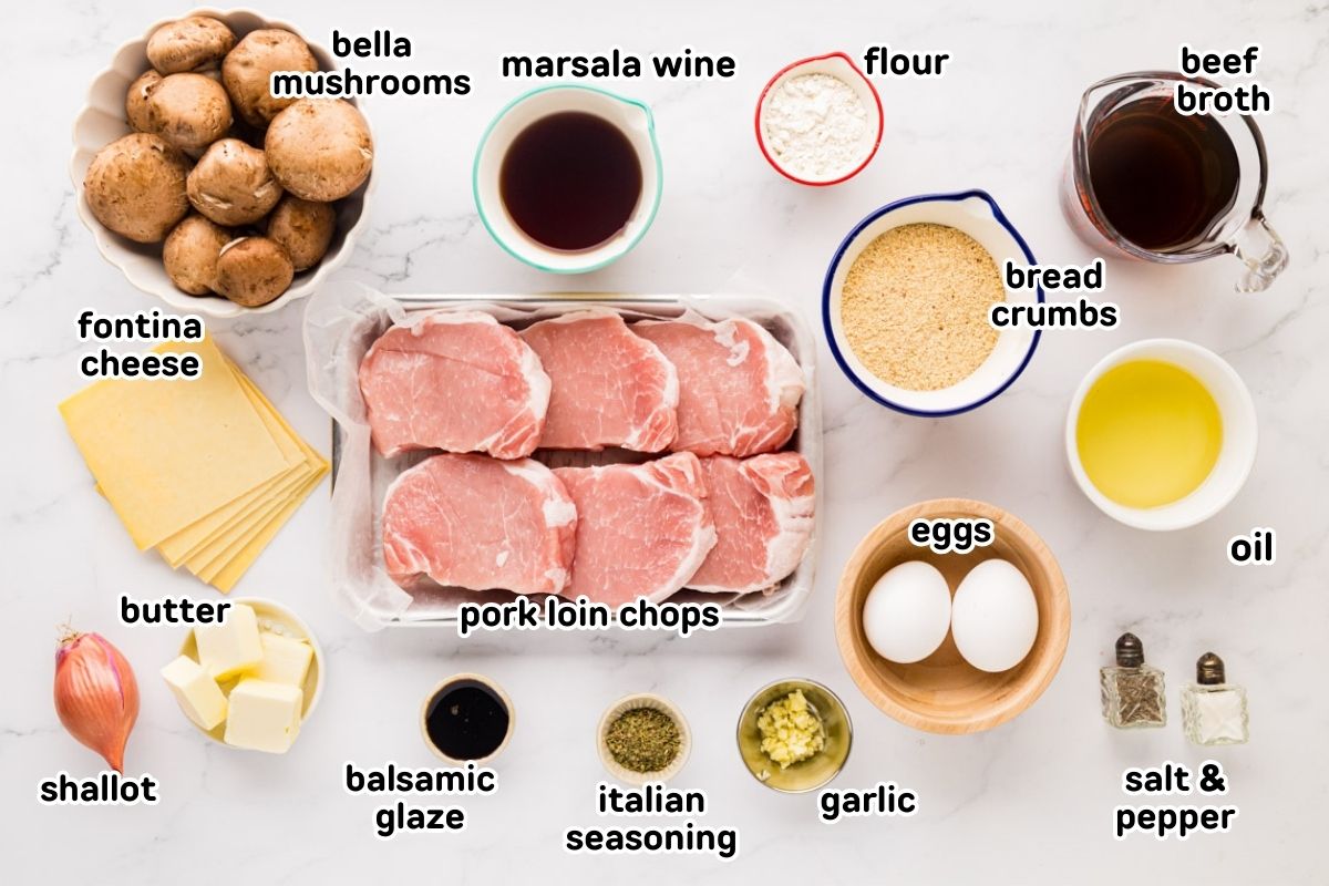 A labeled image of ingredients needed to make fontina pork chops with marsala sauce.