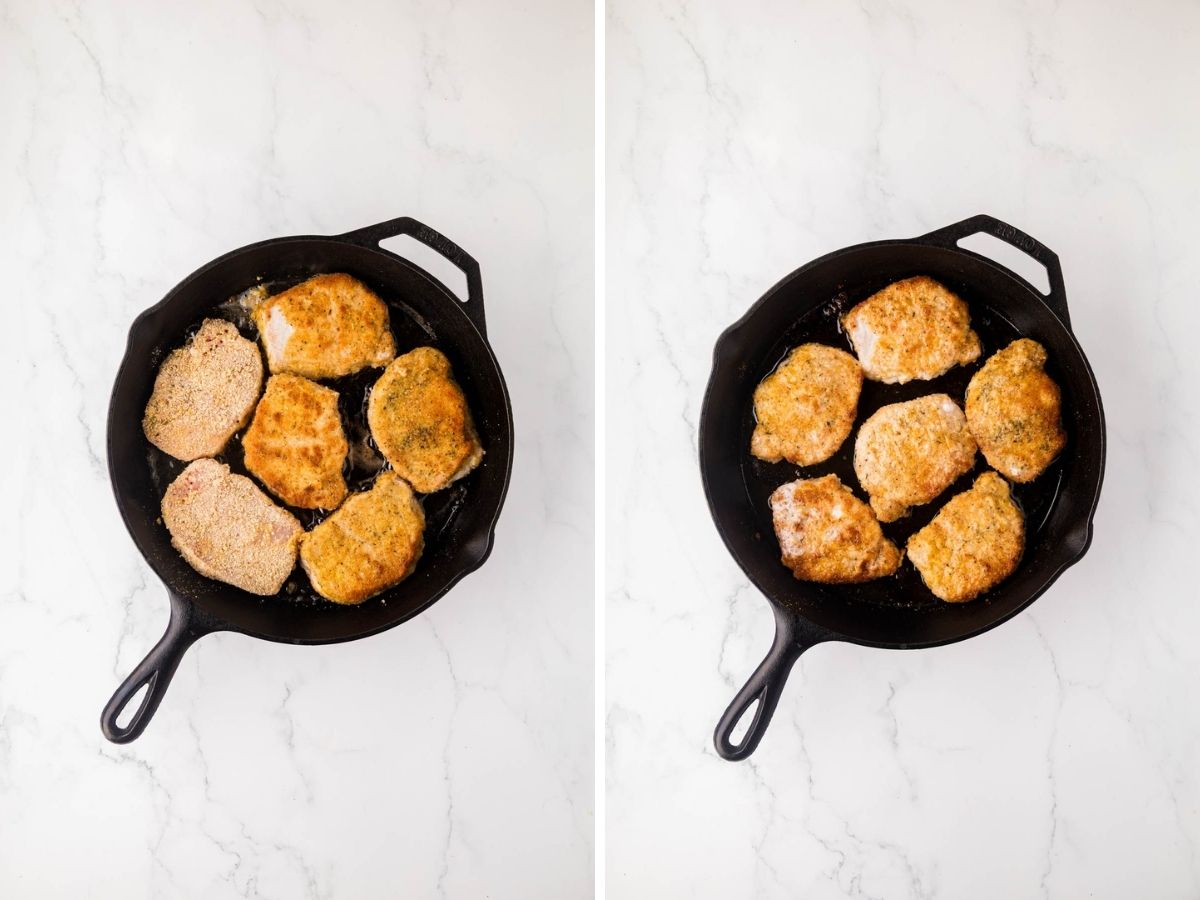 Pan frying pork chops in a cast-iron skillet.