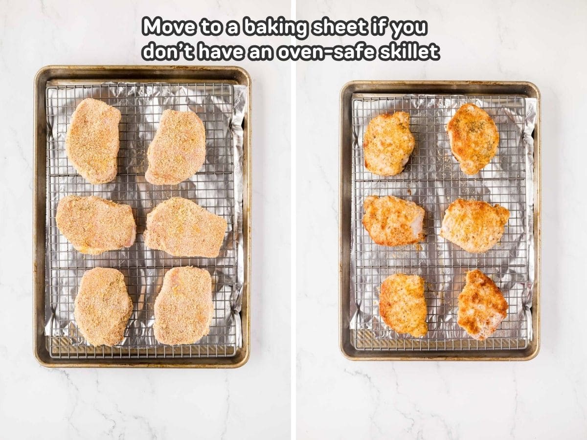 A side-by-side image showing pork chops on a baking rack lined baking sheet to be used. If you do not have a oven safe skillet.