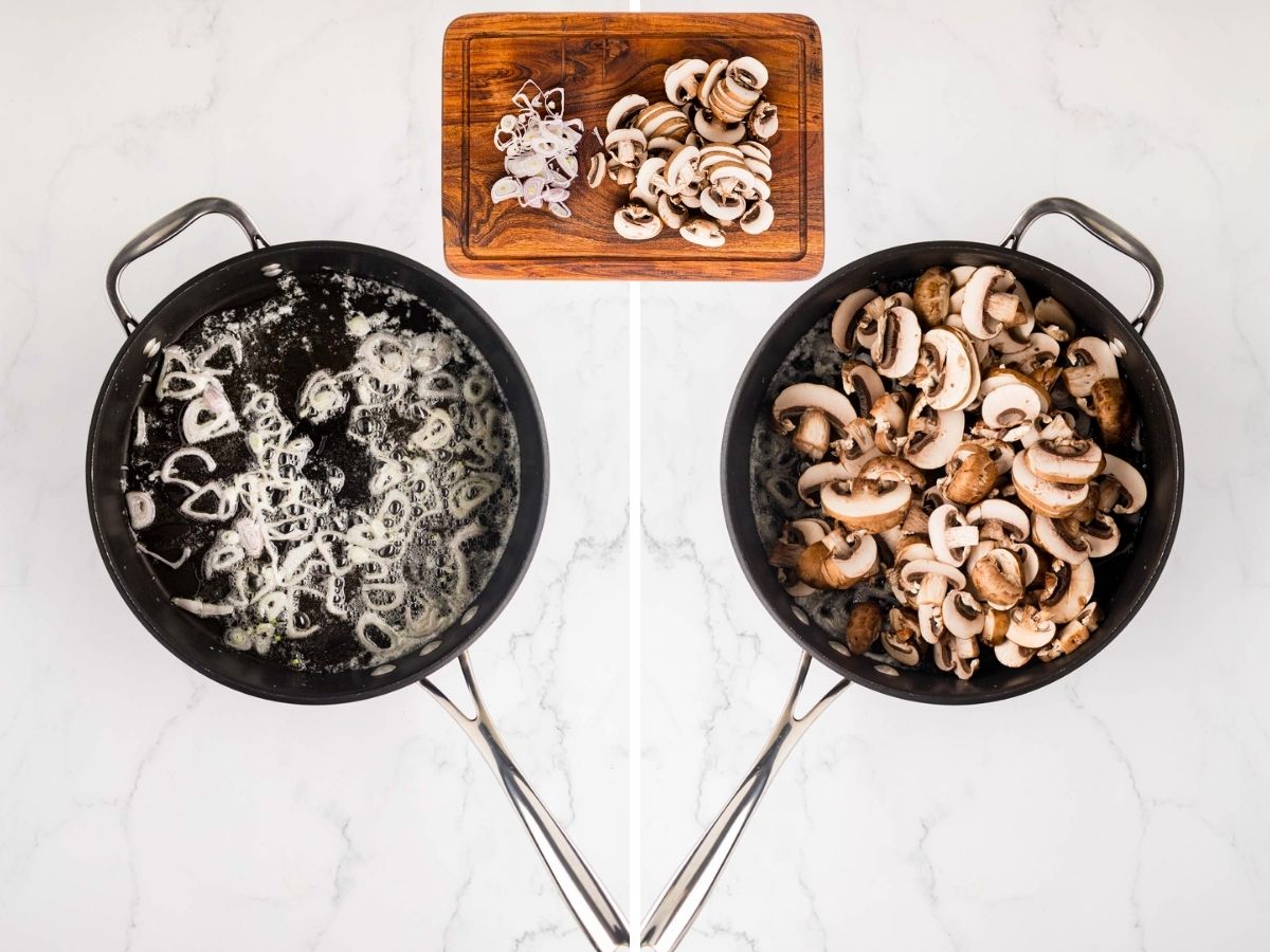 A side-by-side image of chopped shallots and mushrooms with the shallots in the skillet and then adding mushrooms.