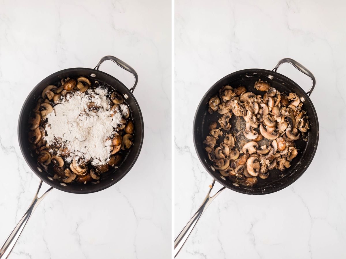 Flour added to the skillet over mushrooms