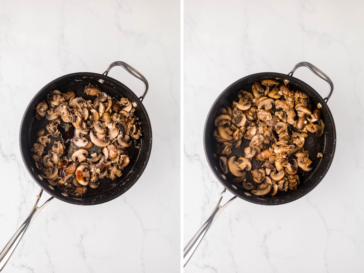 Balsamic glaze stirred into mushrooms.