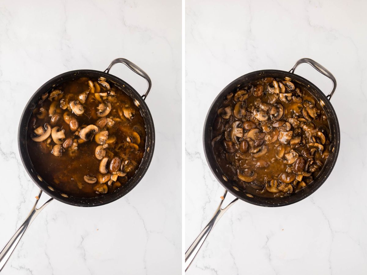 Wine and beef broth added to the mushroom room to create marsala sauce.