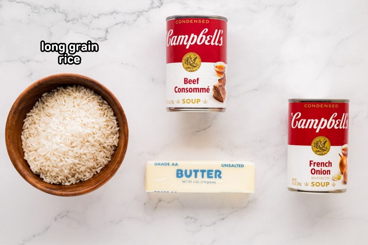 A labeled image of ingredients needed to make stick of butter rice.