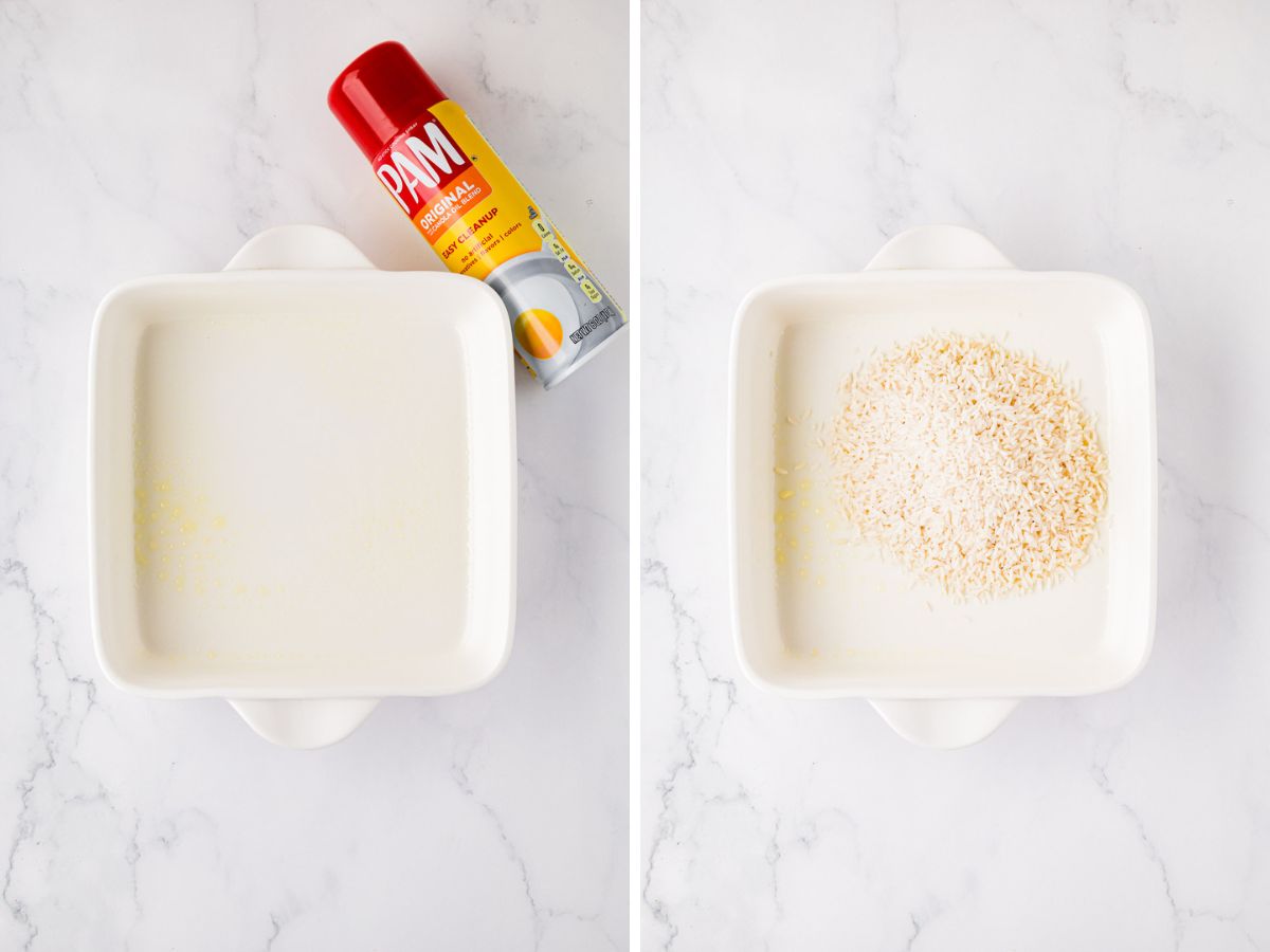 A casserole dish sprayed with cooking spray and then rice added to the dish.
