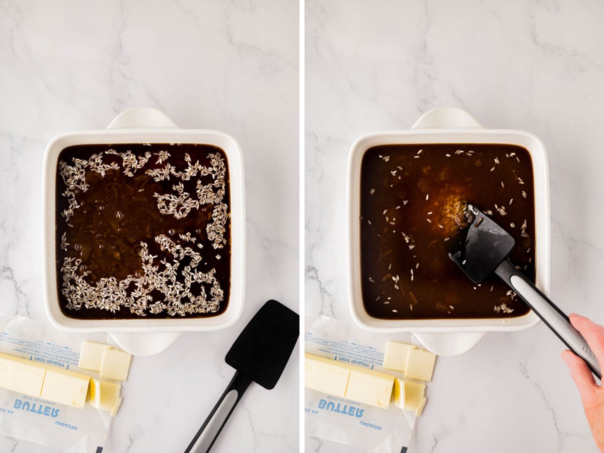 The broth and French onion soup stirred into the rice