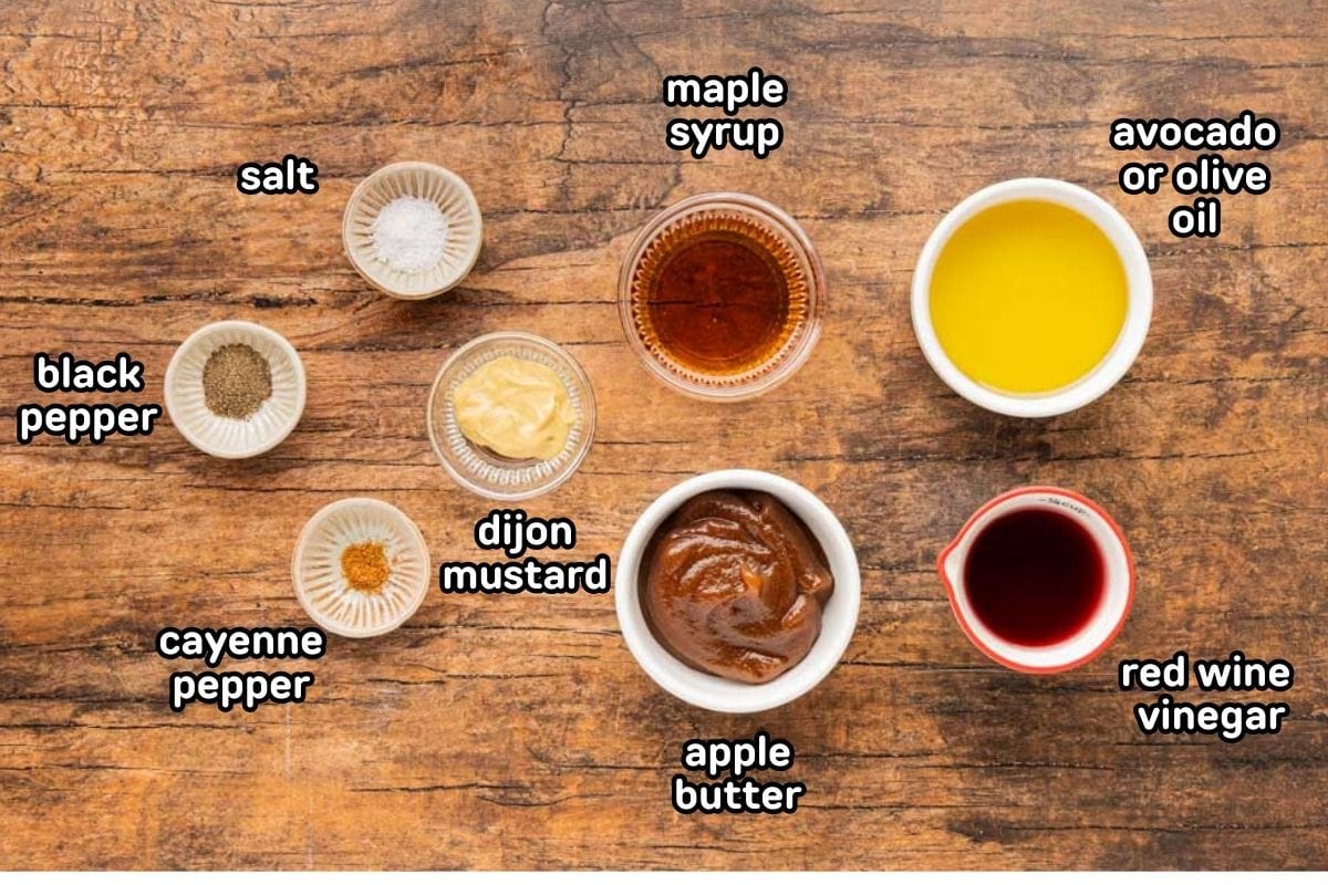 A labeled image of ingredients needed to make apple vinaigrette dressing.