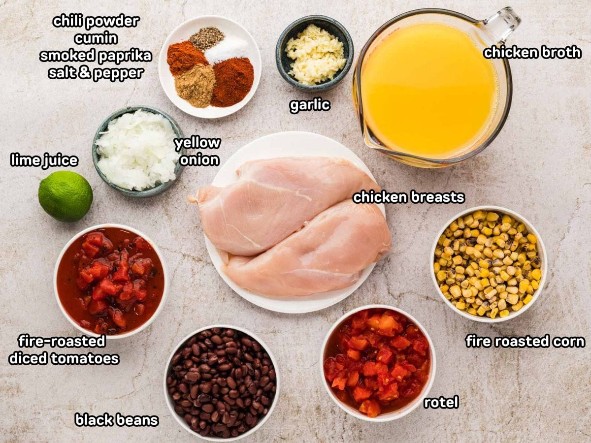 Ingredients needed to make slow cooker chicken tortilla soup.