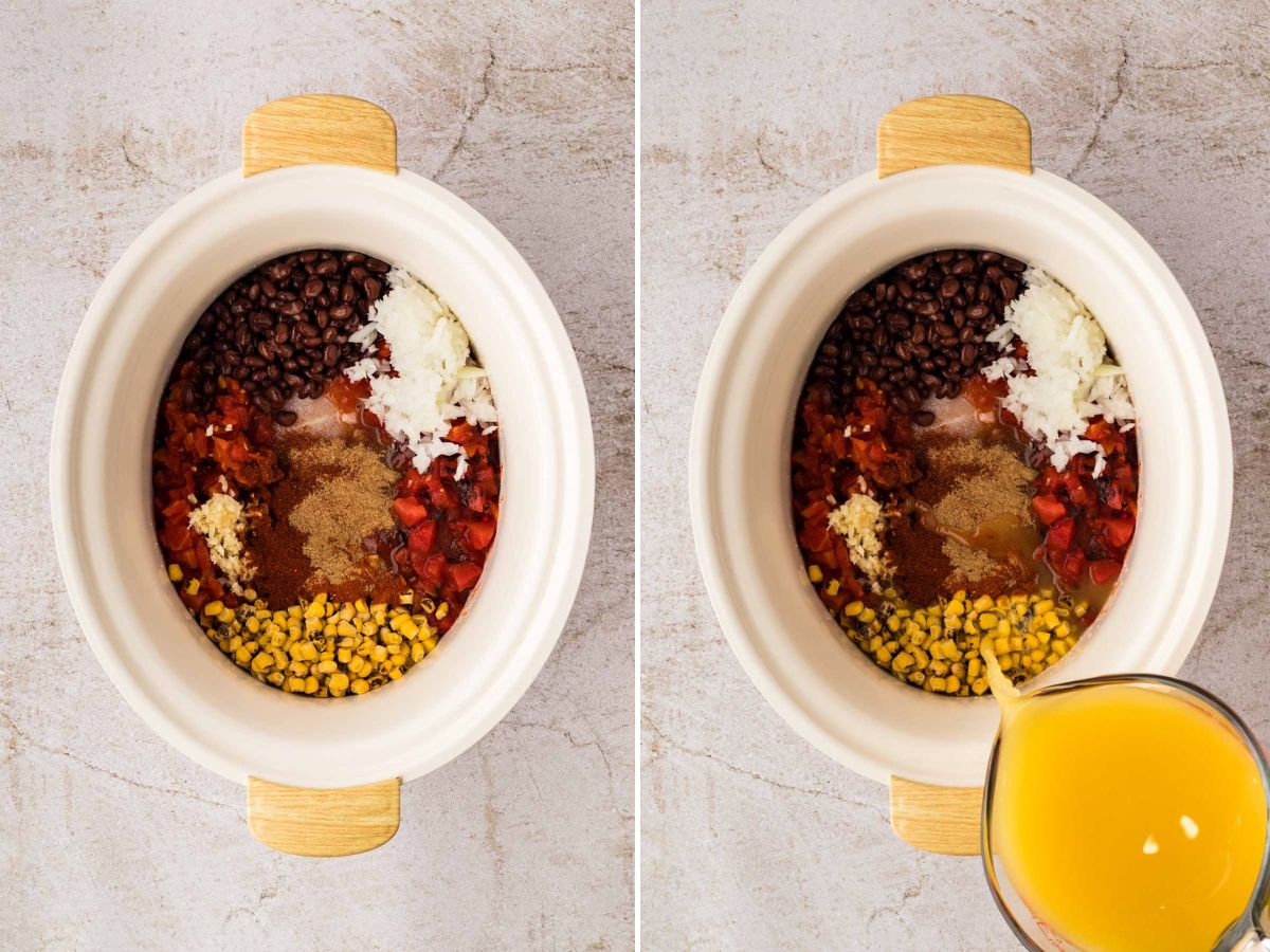Side by side photos of adding additional soup ingredients to the slow cooker.