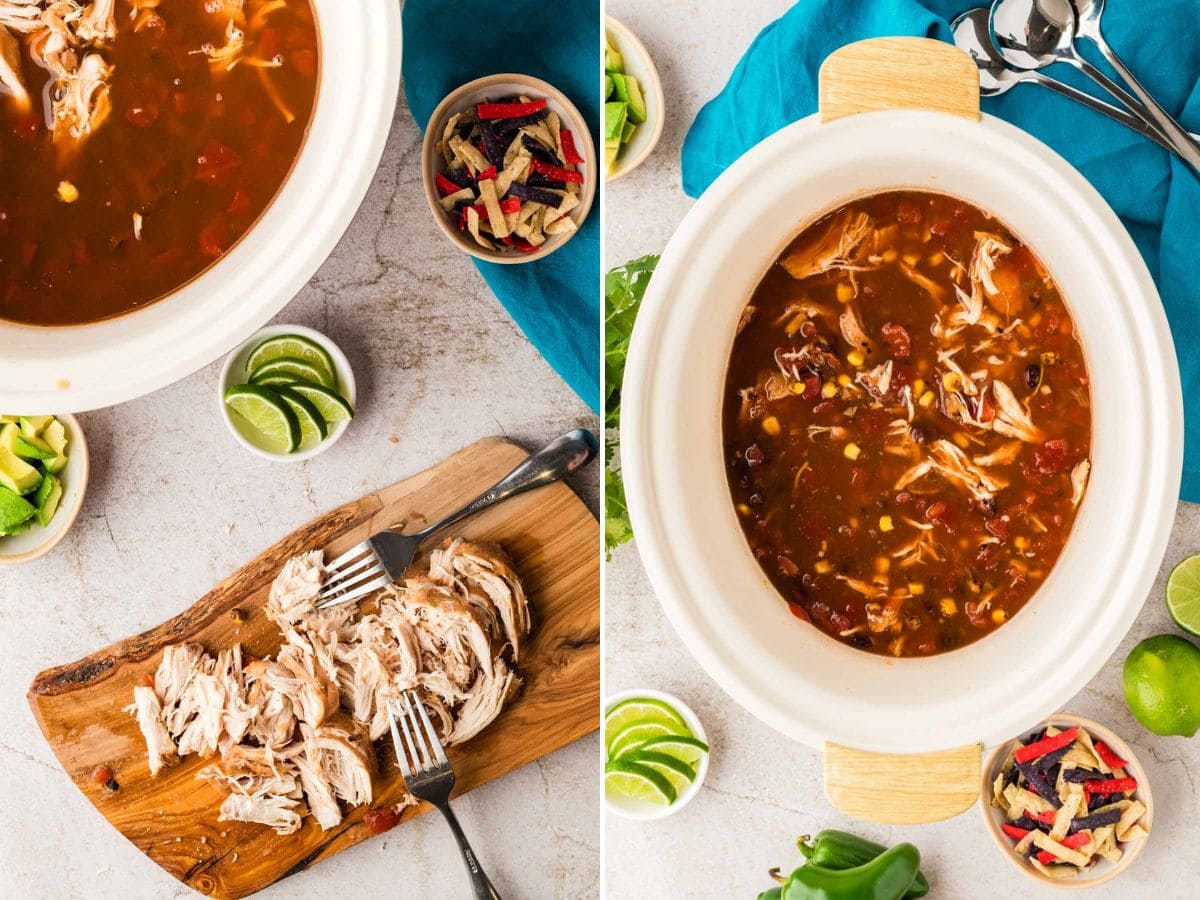 Side by side photos of shredding the chicken and adding it back to the crockpot of soup.