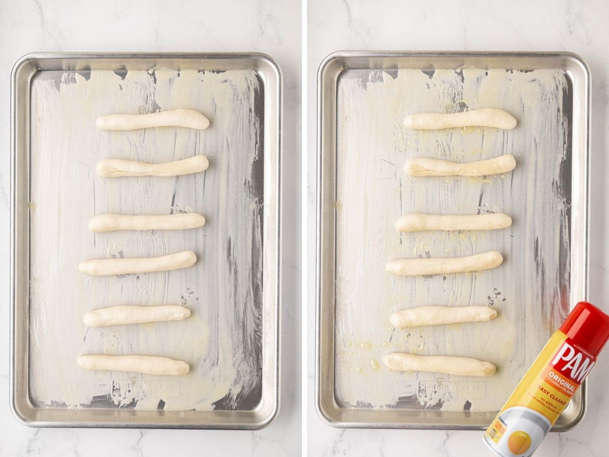 A side-by-side image of breadstick placed back on butter, begging sheet and then sprayed with cooking spray.