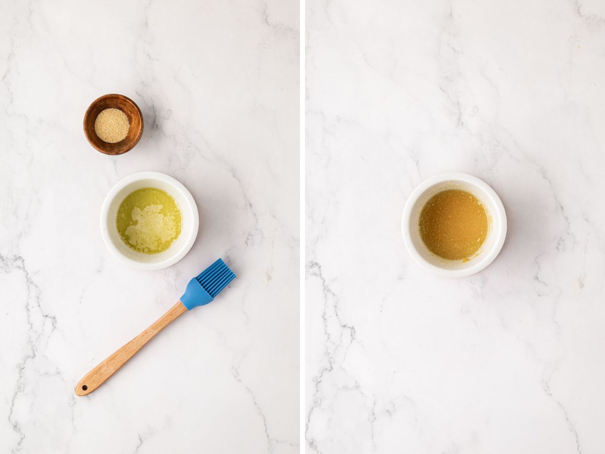 A side-by-side image of garlic butter sauce, being combined in a bowl.