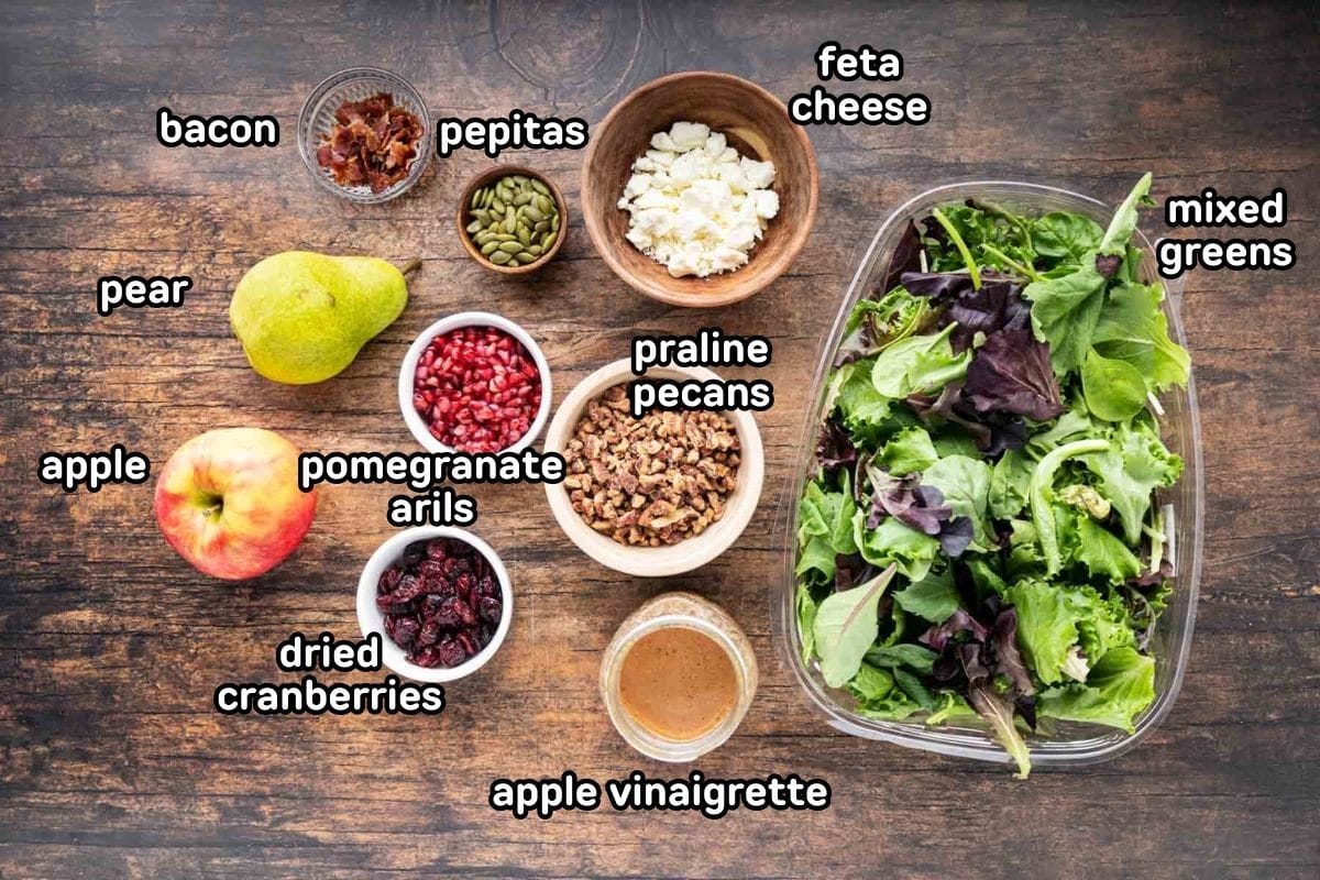 A labeled image of ingredients needed to make fall harvest salad.