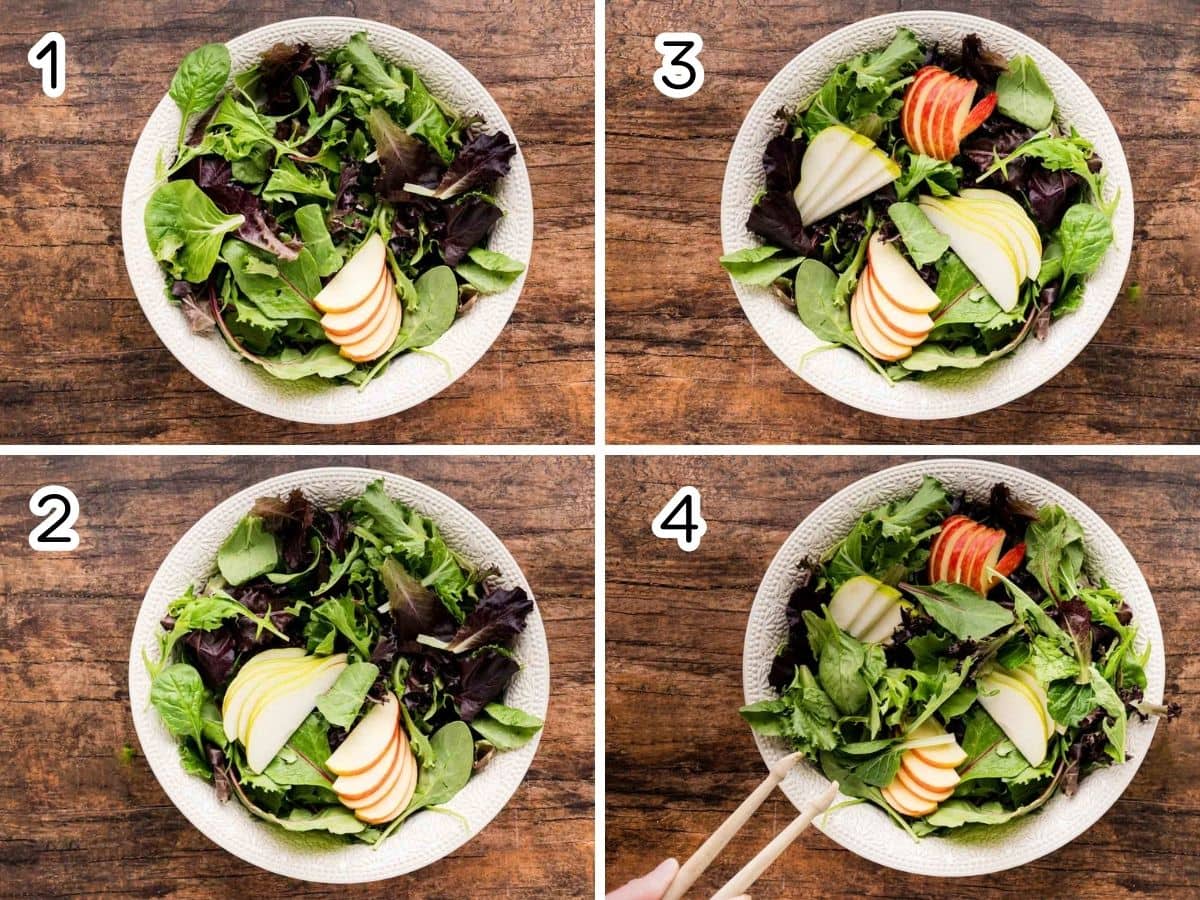 A collage image of adding greens and nestling sliced fruit into bowl