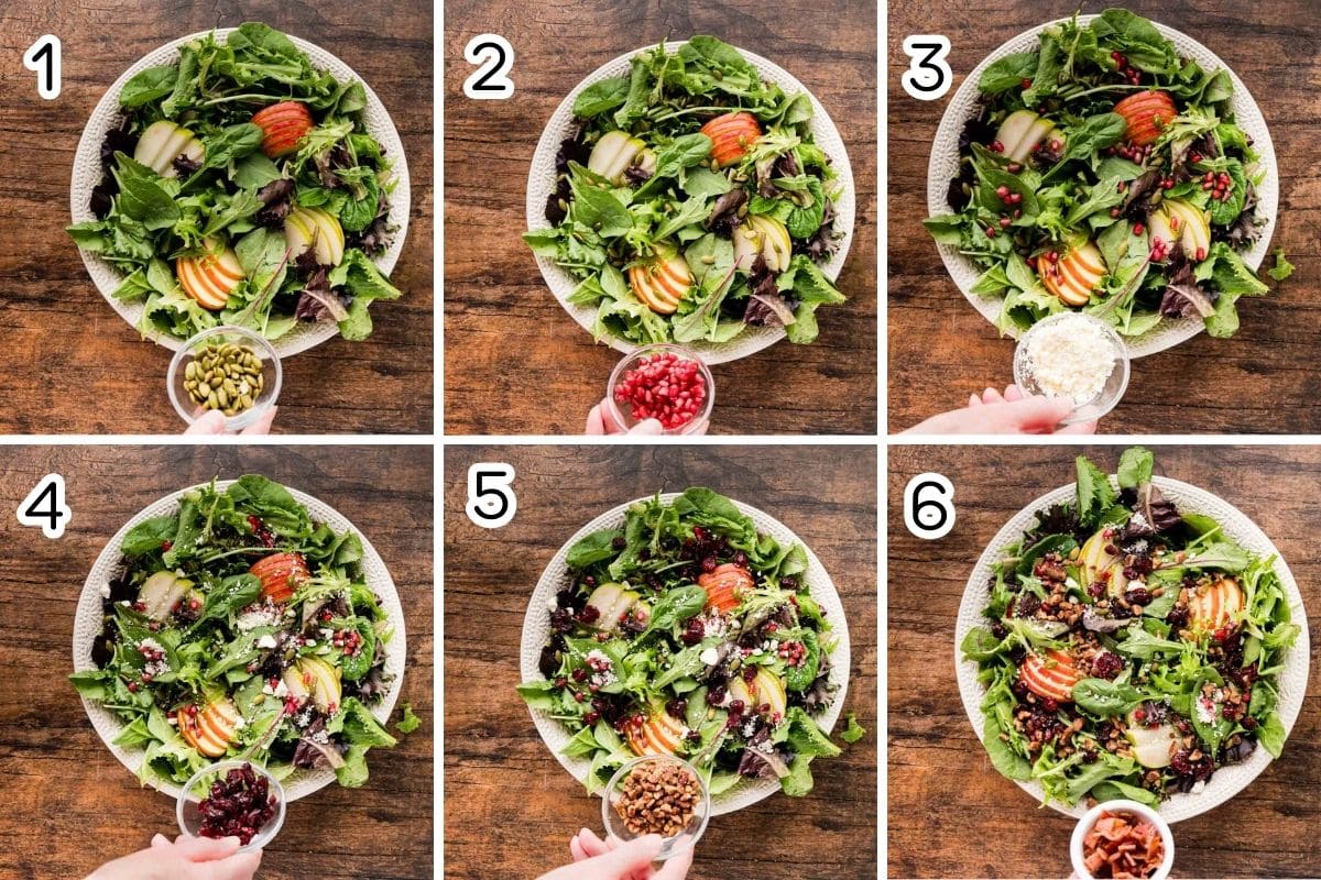 A collage image of adding toppings to autumn salad.