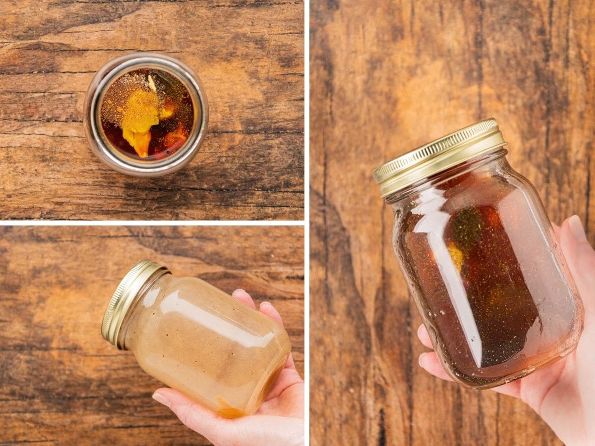 A collage image of Apple vinaigrette ingredients added to a mason jar and shaking the jar to combine.