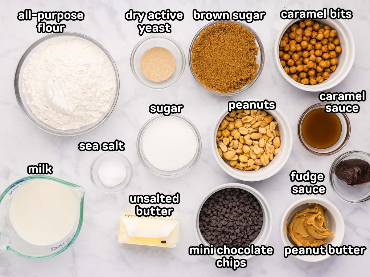 Ingredients needed to make homemade snickers rolls.