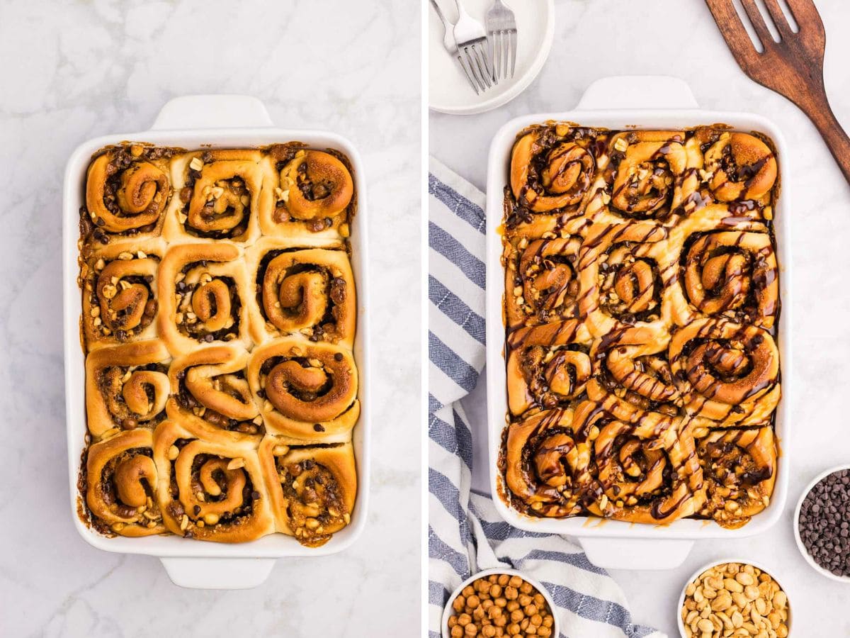 Side by side photos of baked snickers rolls with a drizzle of caramel and fudge sauce on top.
