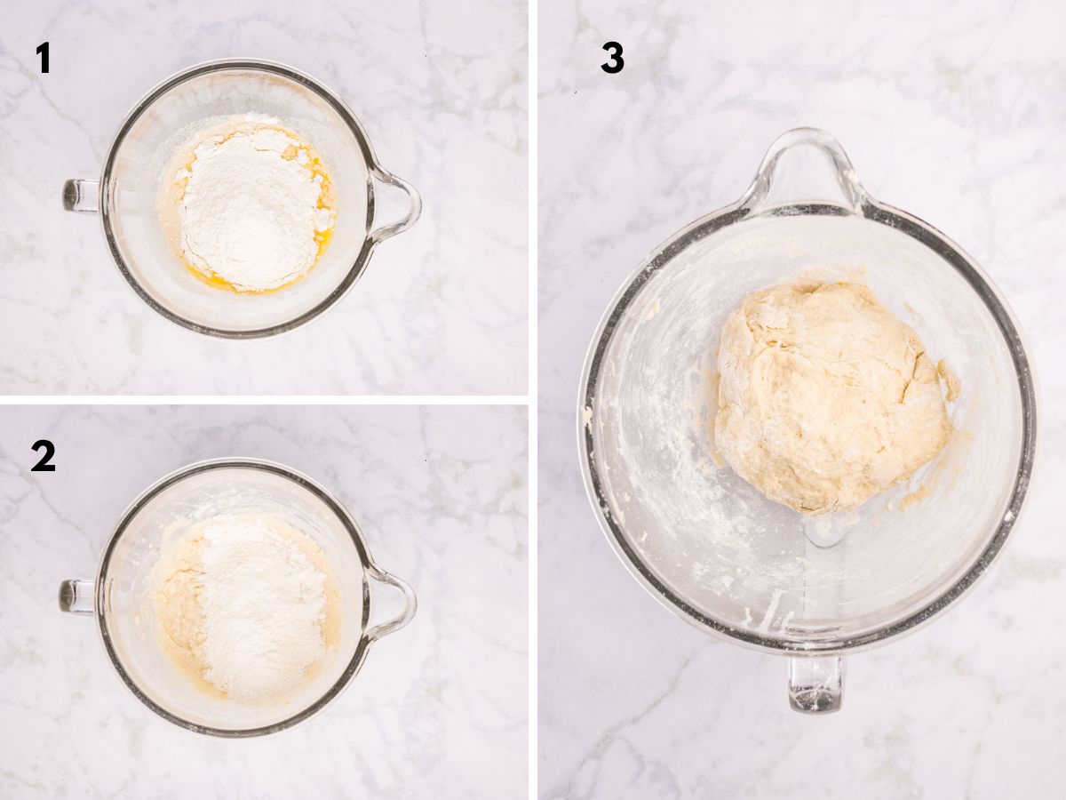 Side by side photos of adding the flour to the stand mixer bowl and mixing.