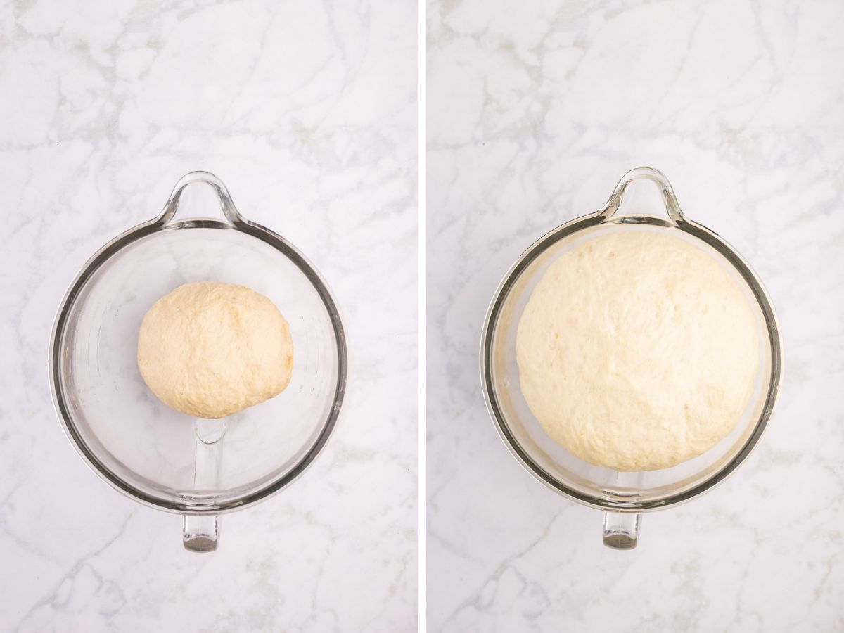 Side by side photos of the snickers rolls dough before and after rising.