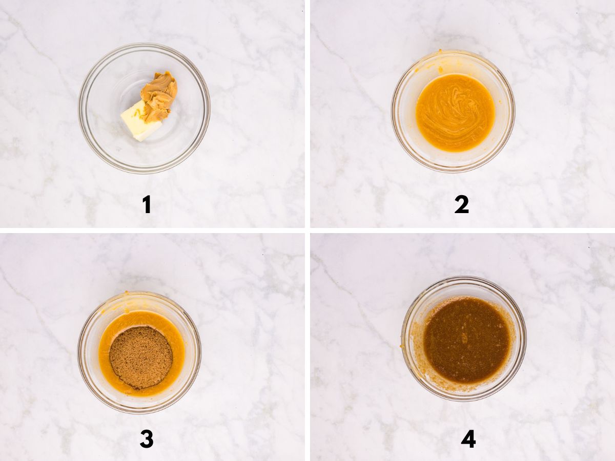 Step by step photos of mixing peanut butter, brown sugar, butter and salt for the filling.