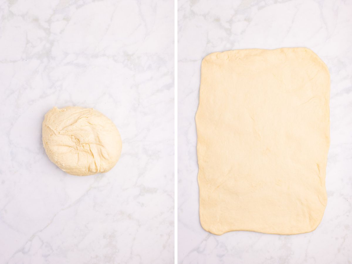 Side by side photos of rolling the snickers rolls dough into a rectangle.