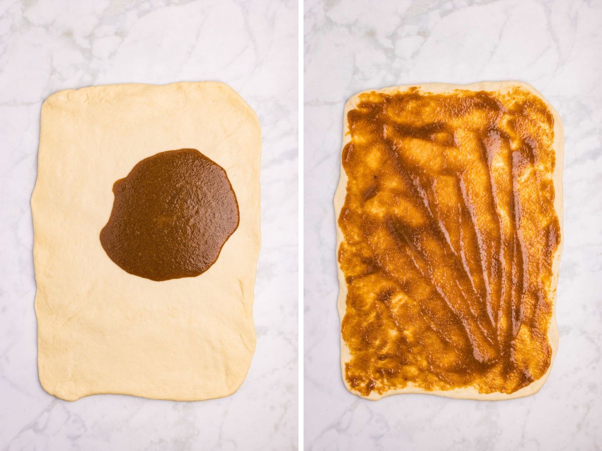Side by side photos of spreading the peanut butter filling on top of the dough.