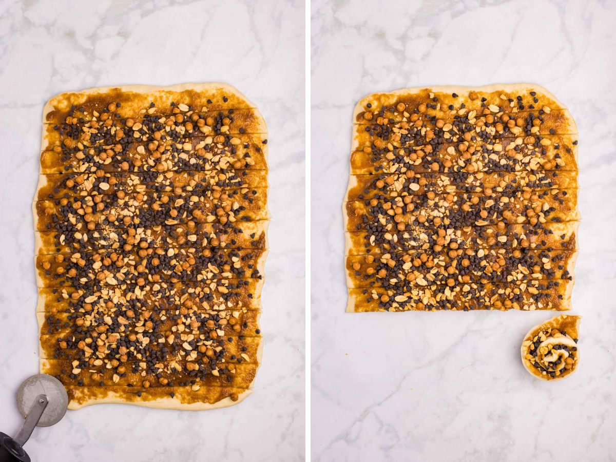 Side by side photos of slicing the dough into strips and rolling them into individual rolls.