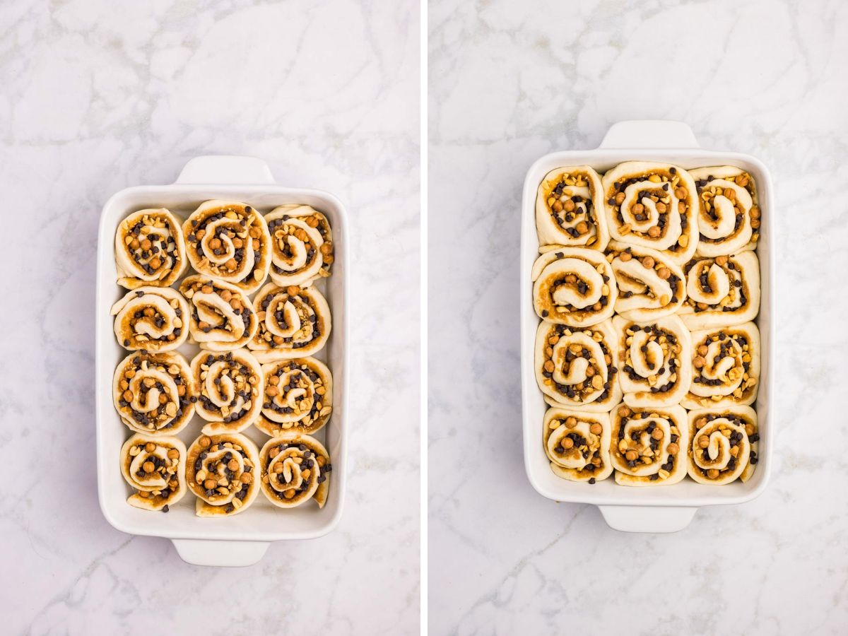 Snickers rolls placed in a baking dish to rise a second time before baking.