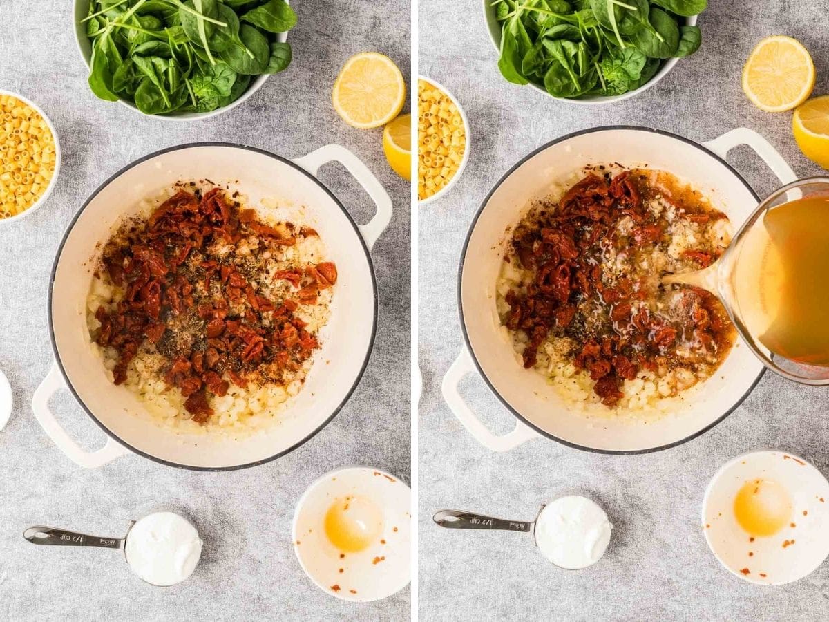 Side by side photo of adding the pasta, spices, sun-dried tomatoes, and chicken broth to the pot.
