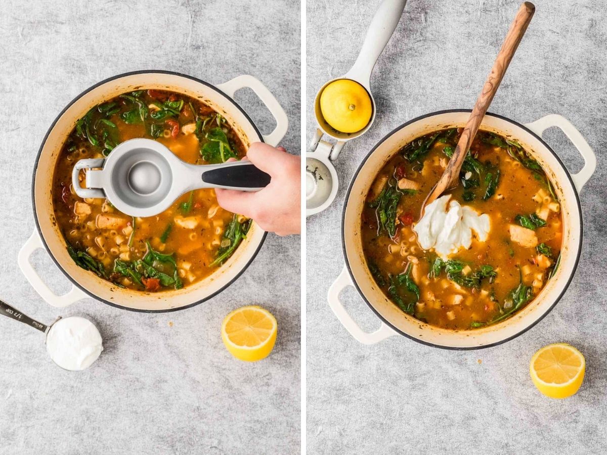 Side by side photos of squeezing in the lemon and stirring in the sour cream into the soup.