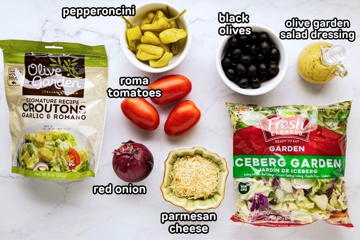 A labeled image of ingredients needed to make Olive Garden salad.