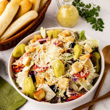 A bowl of homemade Olive Garden Salad.
