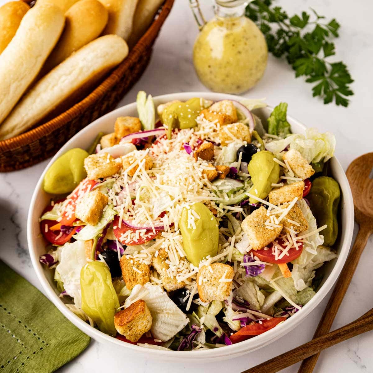 A bowl of homemade Olive Garden Salad.