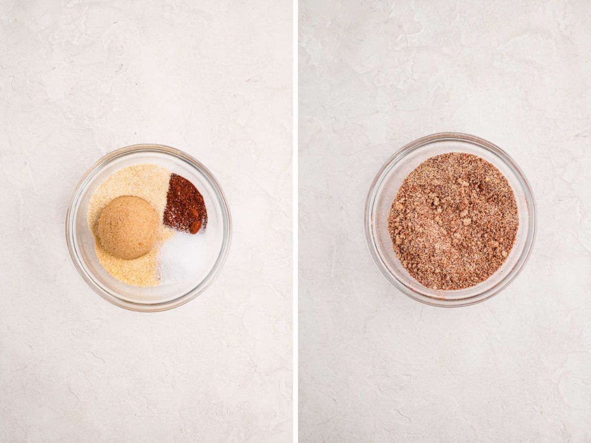Side by side photos of making the dry rub for pork burnt ends.