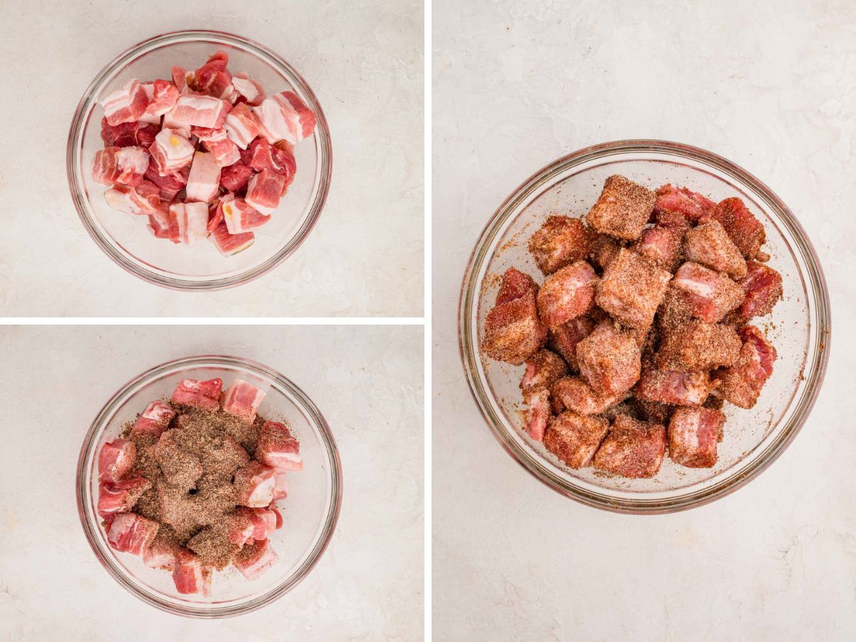 Side by side photos of adding the dry rub to the cubed pork belly in a mixing bowl.
