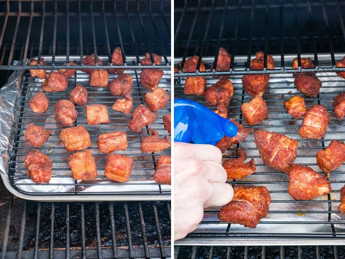 Spritzing the pork belly with apple juice as it smokes.