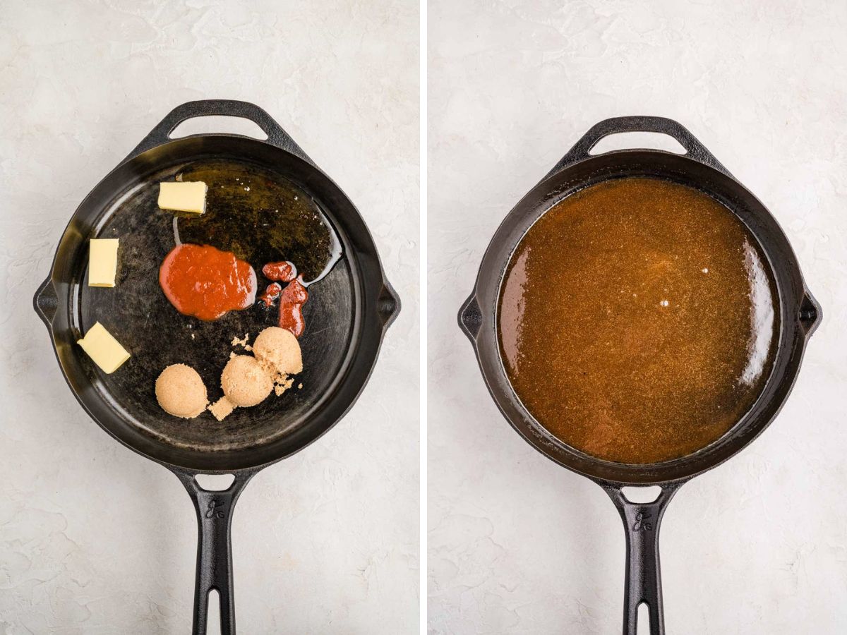 Side by side photos of starting the BBQ sauce in a cast iron skillet.