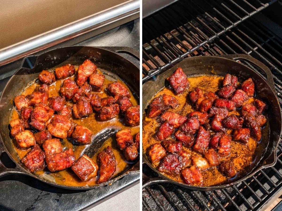 Side by side photos of adding the pork belly bites to the sauce in the skillet and smoking again.