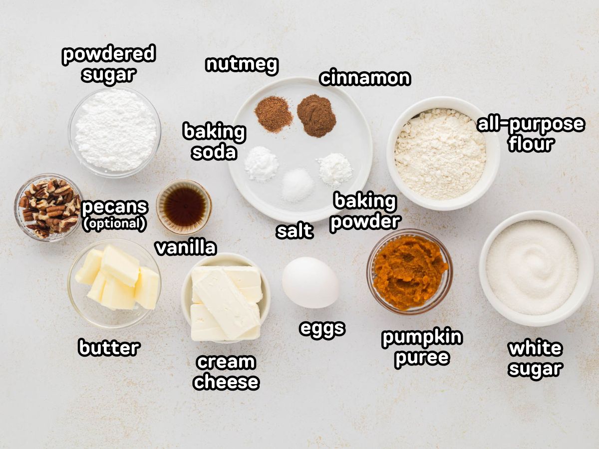 A labeled image of ingredients needed to make a classic pumpkin roll cake.